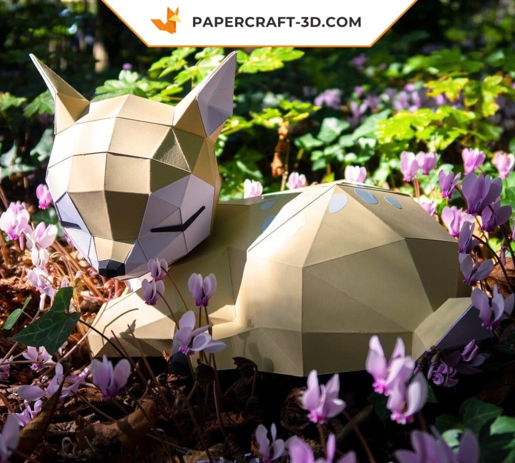 Papercraft de filhote de cervo dormindo e deitado em origami 3D