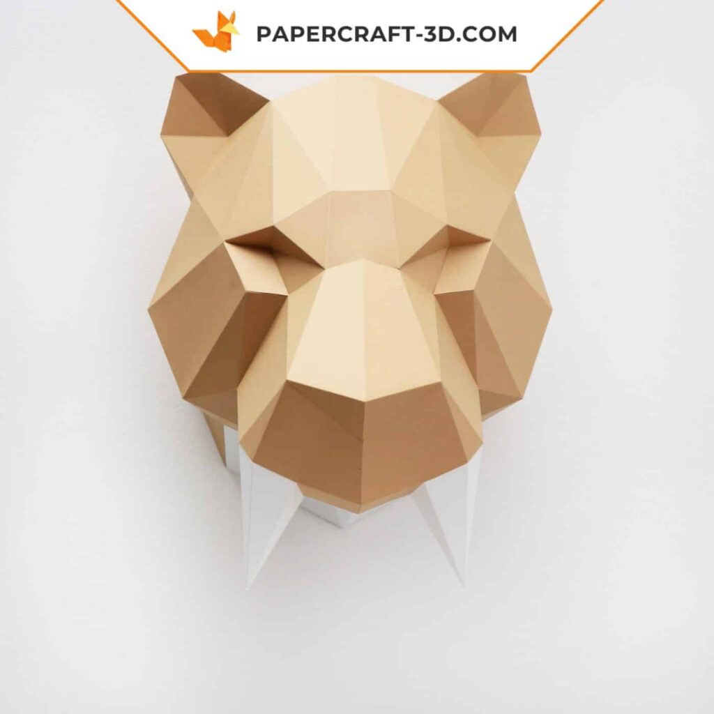 Papercraft cabeça de sabre pré-histórico em origami 3D