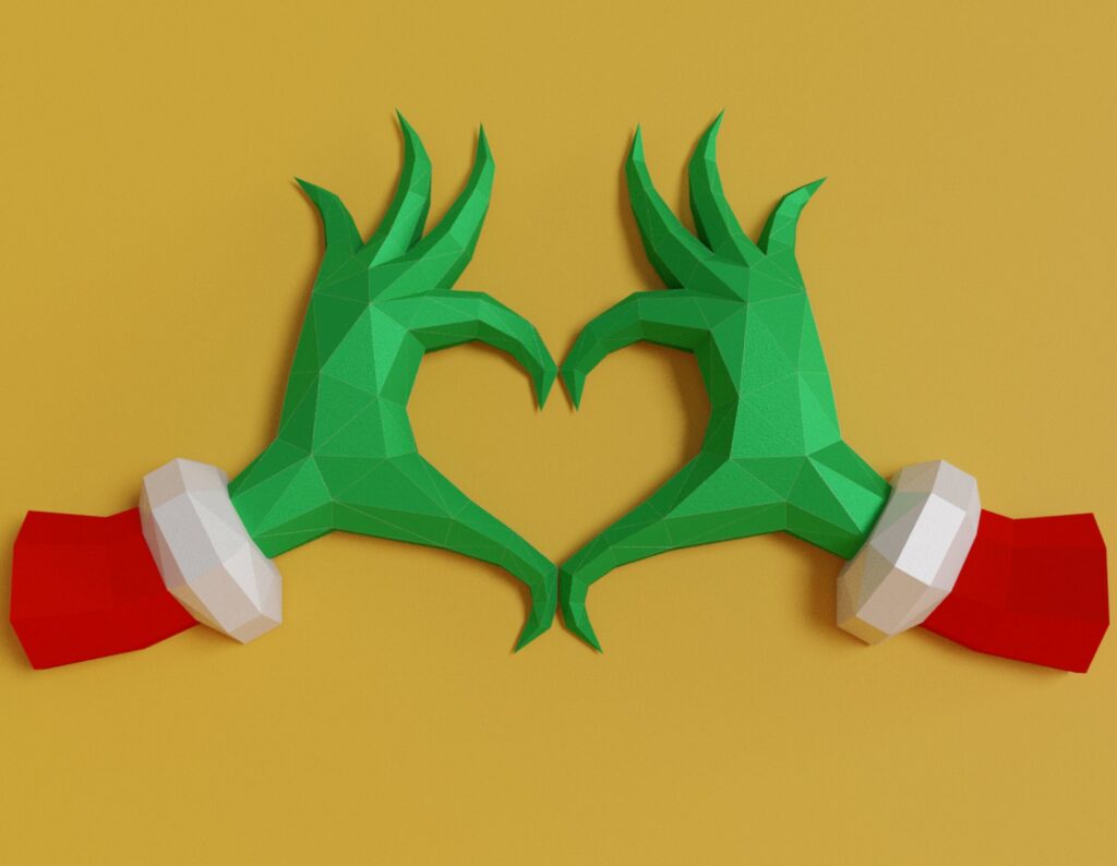 Papercraft de mains en cœur de grinch pour Noël