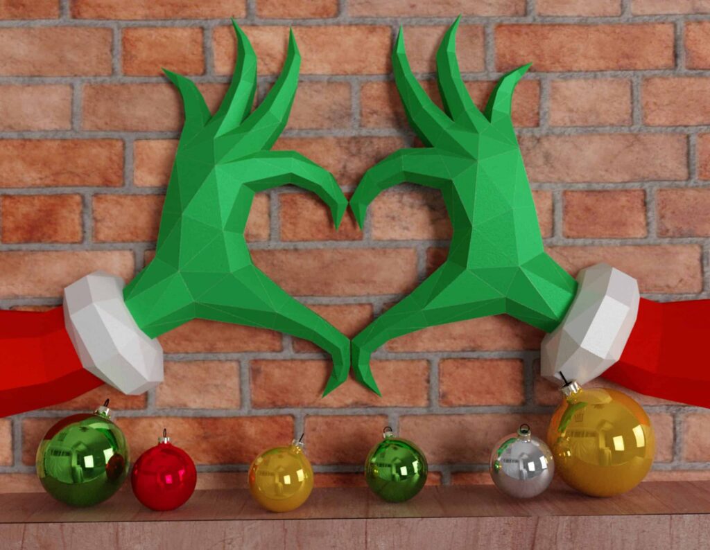 Papercraft de mains en cœur de grinch pour Noël