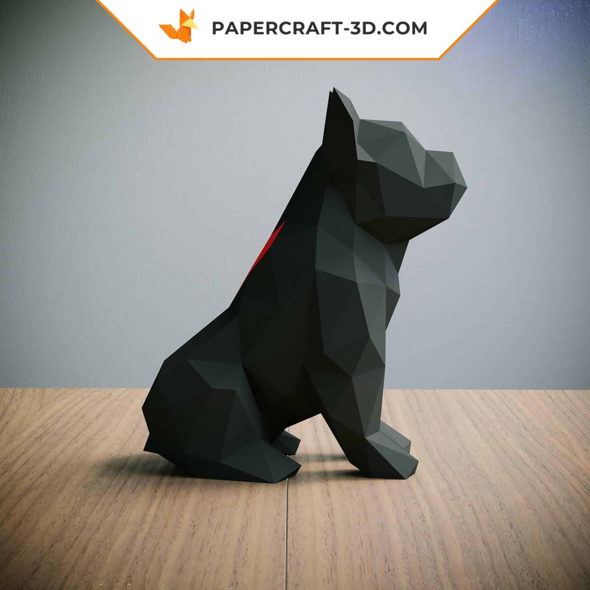Papercraft bouledogue françai noir assis en origami 3D