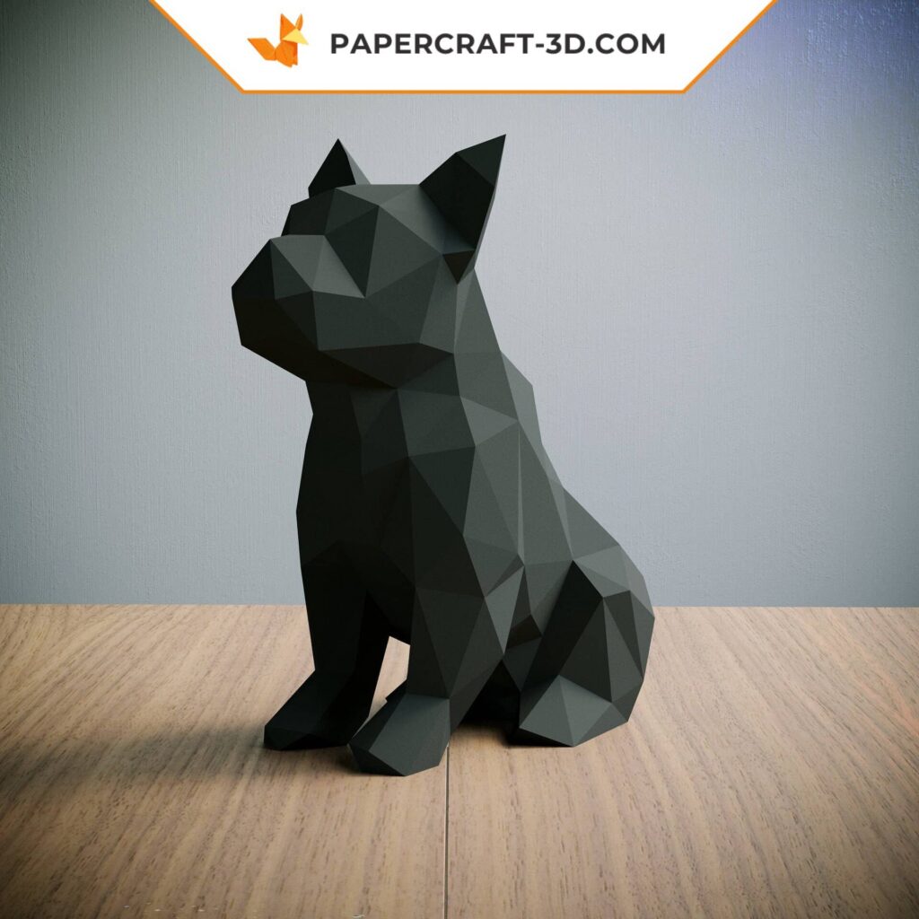 Papercraft buldogue francês preto sentado em origami 3D