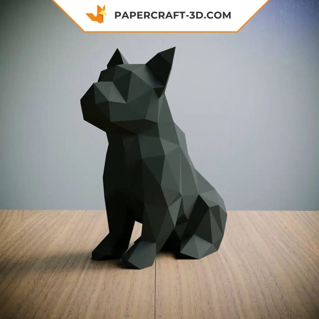 Papercraft schwarzer französischer Bulldogge sitzend als 3D-Origami