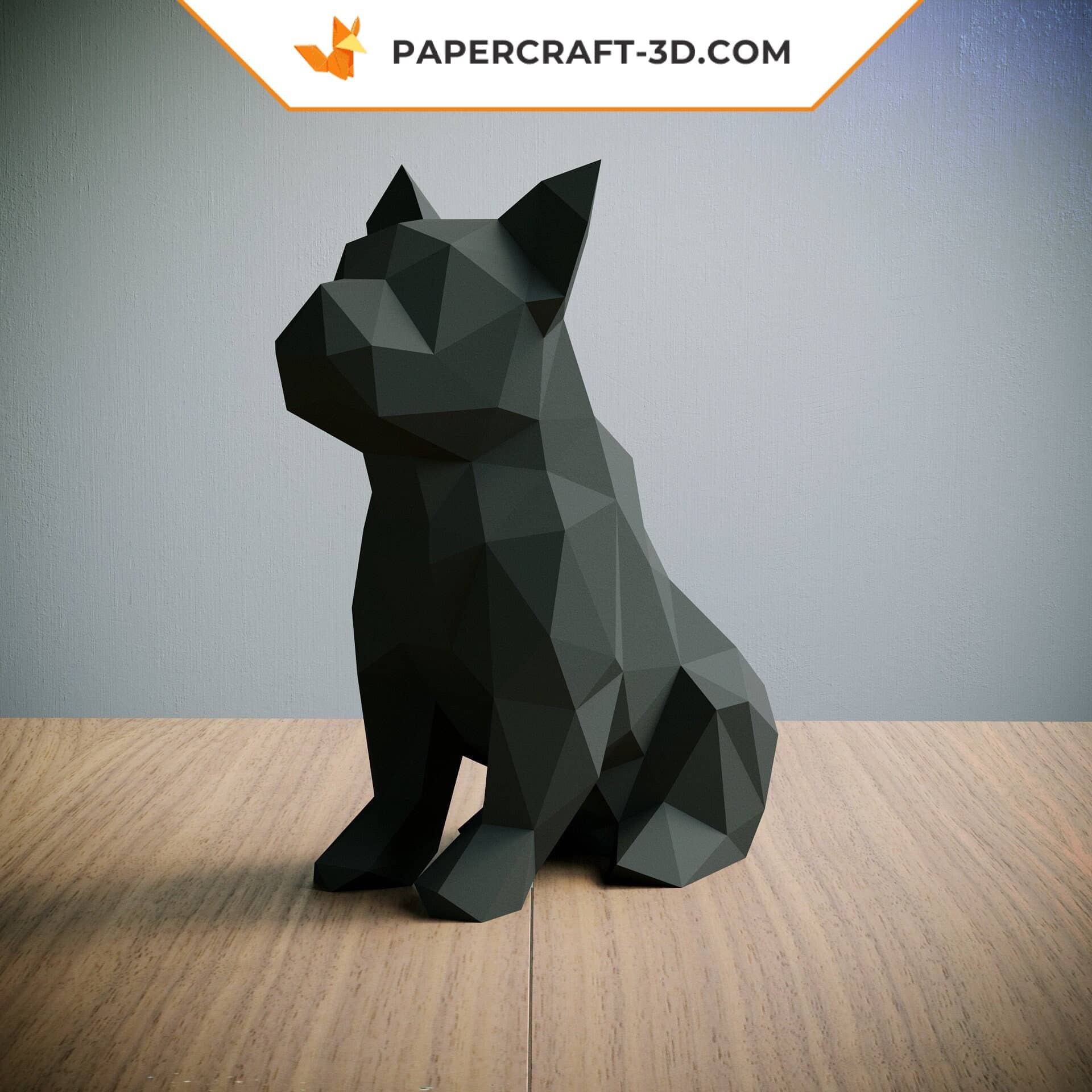 Papercraft bouledogue françai noir assis en origami 3D