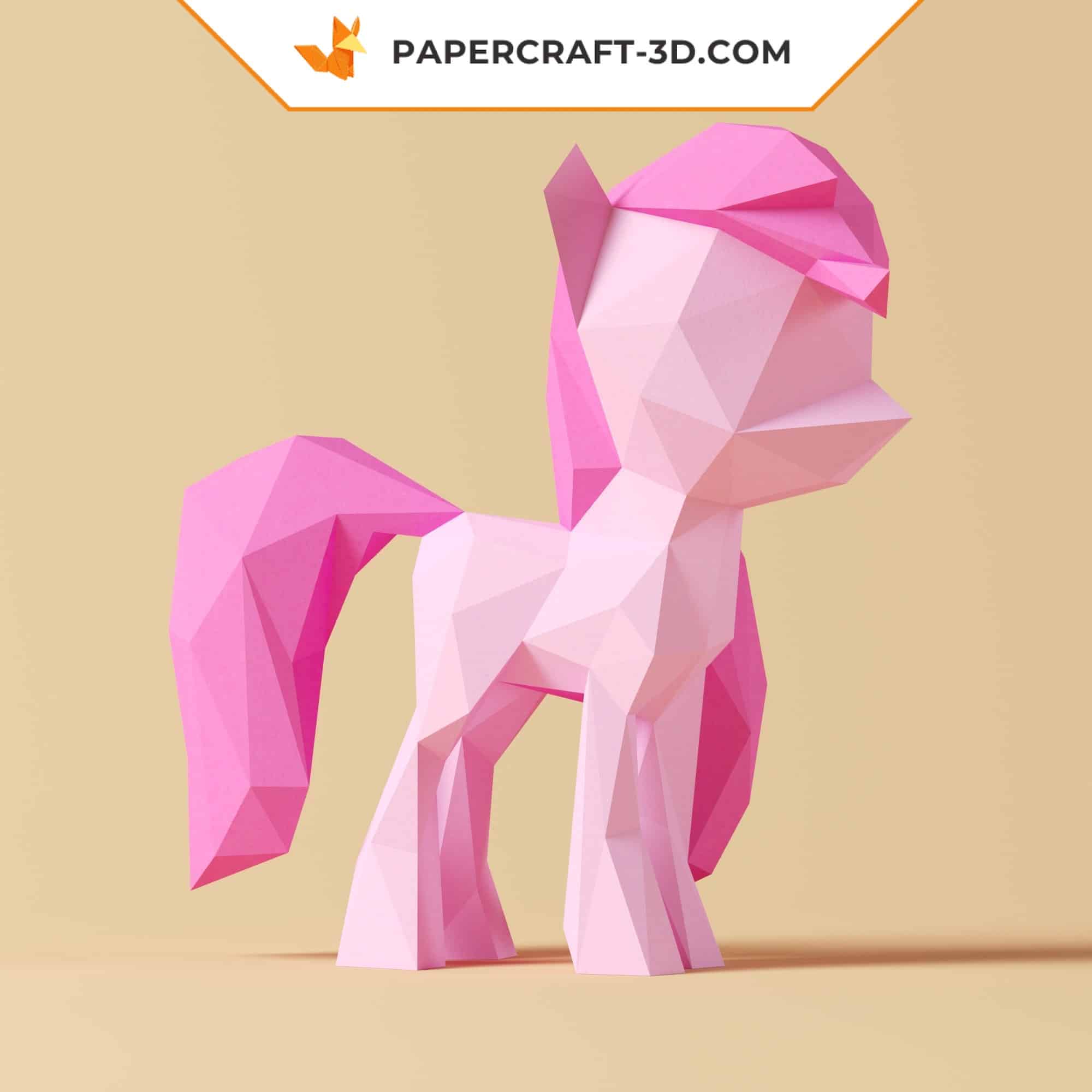 Papercraft of little pink pony in 3D origami