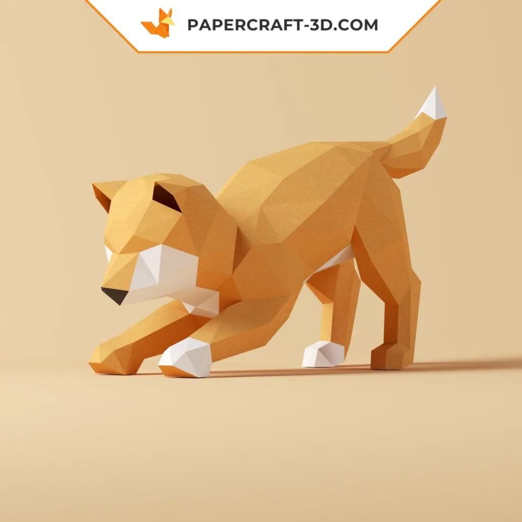 Papercraft de Shiba Inu fazendo reverência em origami 3D