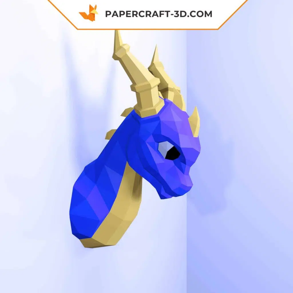 Papercraft cabeza de dragón azul en origami 3D