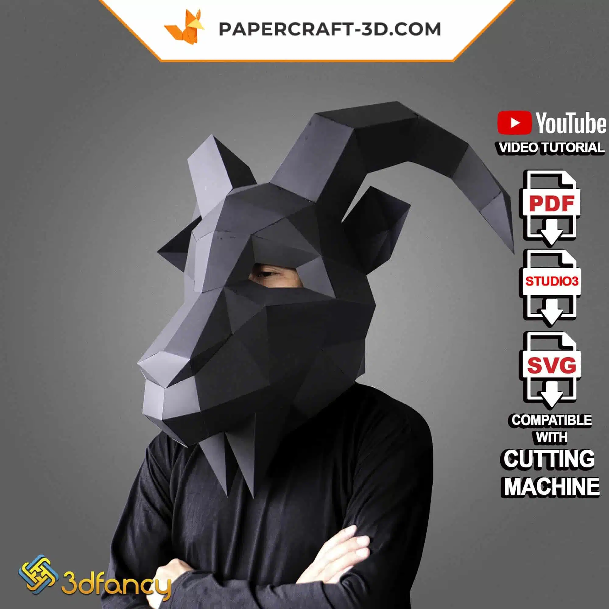 Masque de chèvre en papercraft 3D, modèle PDF et SVG pour Cricut et Cameo4, weergave 7