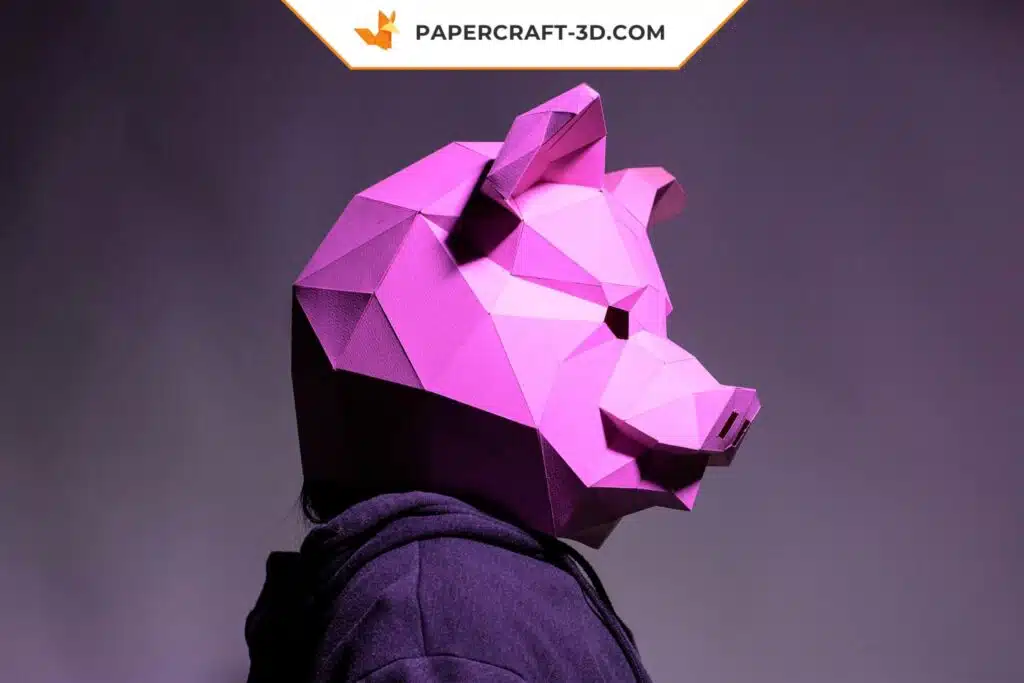 Masque de cochon en papier 3D, modèle Papercraft origami à télécharger en PDF, weergave 2