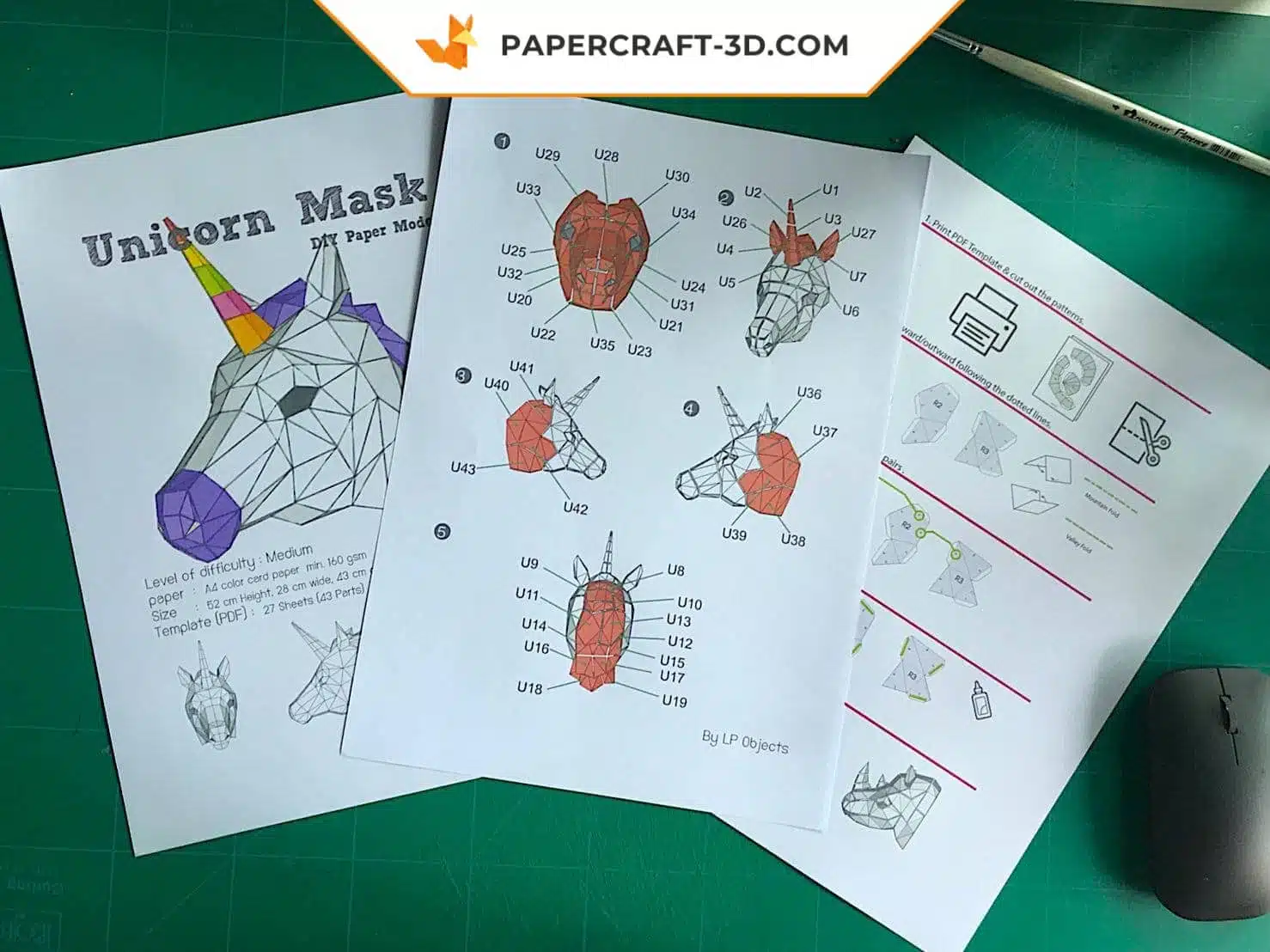 Masque de licorne en papercraft, modèle numérique origami 3D à télécharger