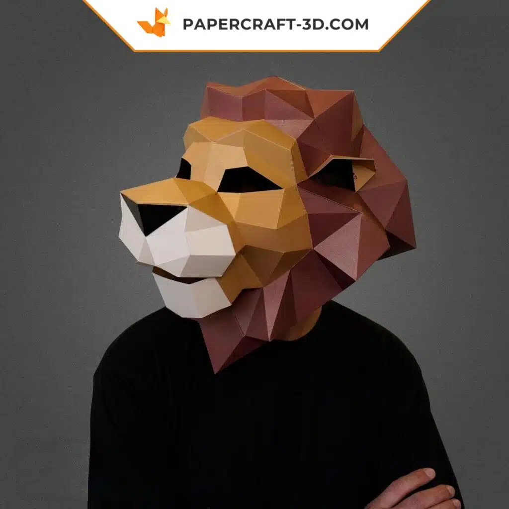 Papercraft masque de lion brun en origami 3D