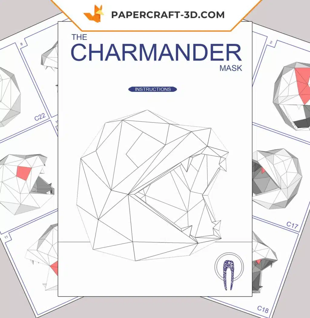 Masque Salamèche en papier 3D origami Papercraft Pokemon, weergave 2