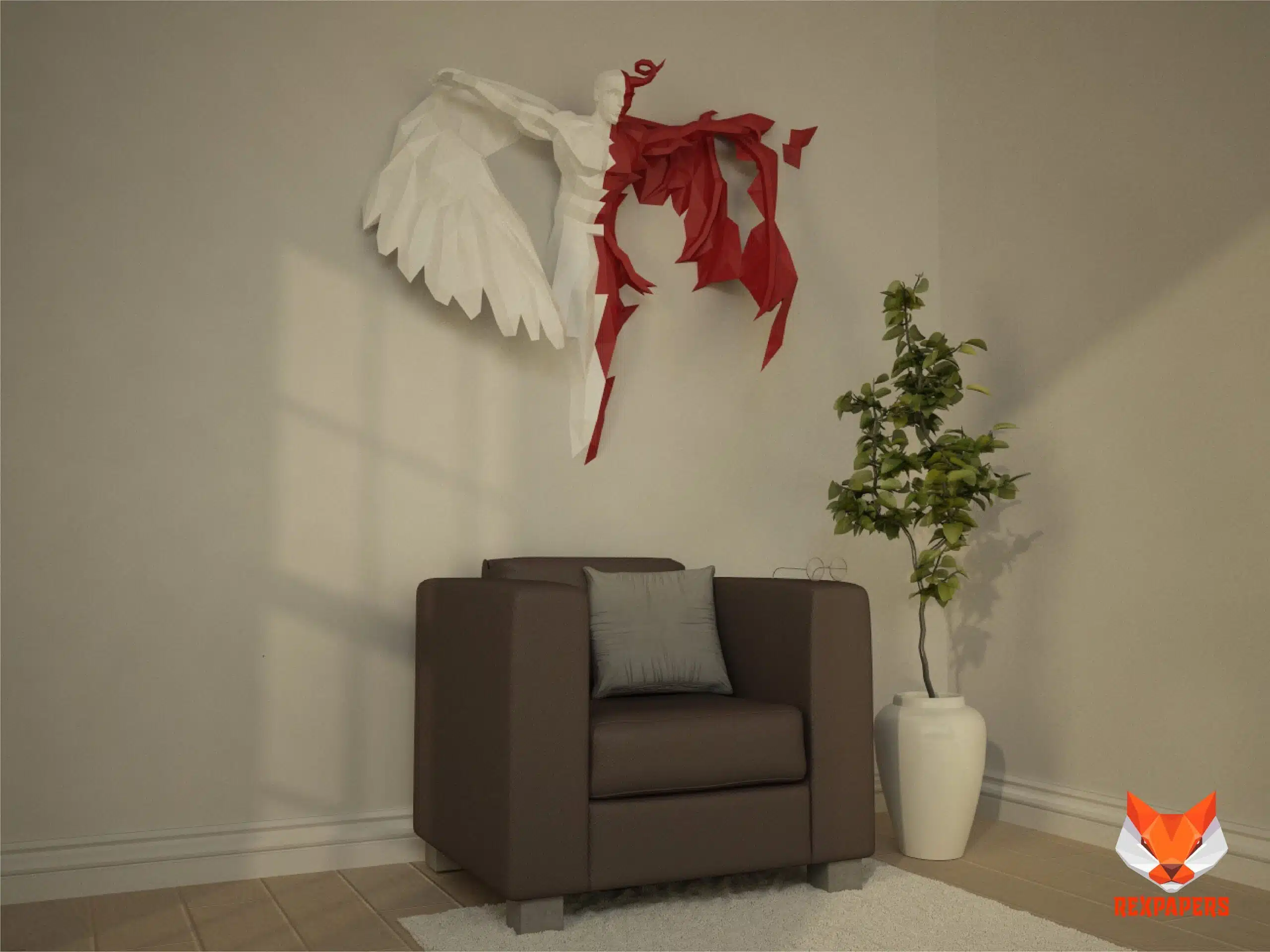 Papercraft Angel et Démon modèle 3D en papier origami, weergave 7