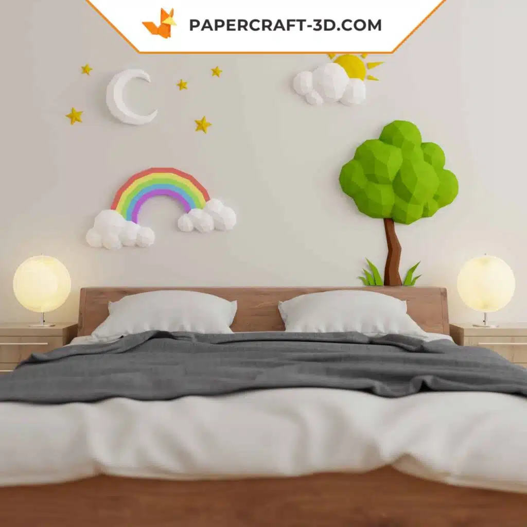 Papercraft de soleil, nuage, arbre, lune et arc en ciel origami 3D
