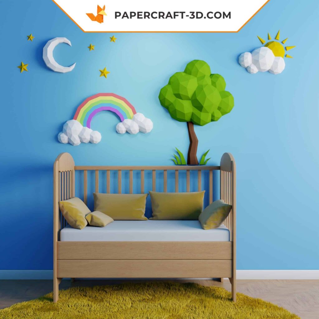 Papercraft de sol, nuvem e lua em origami 3D