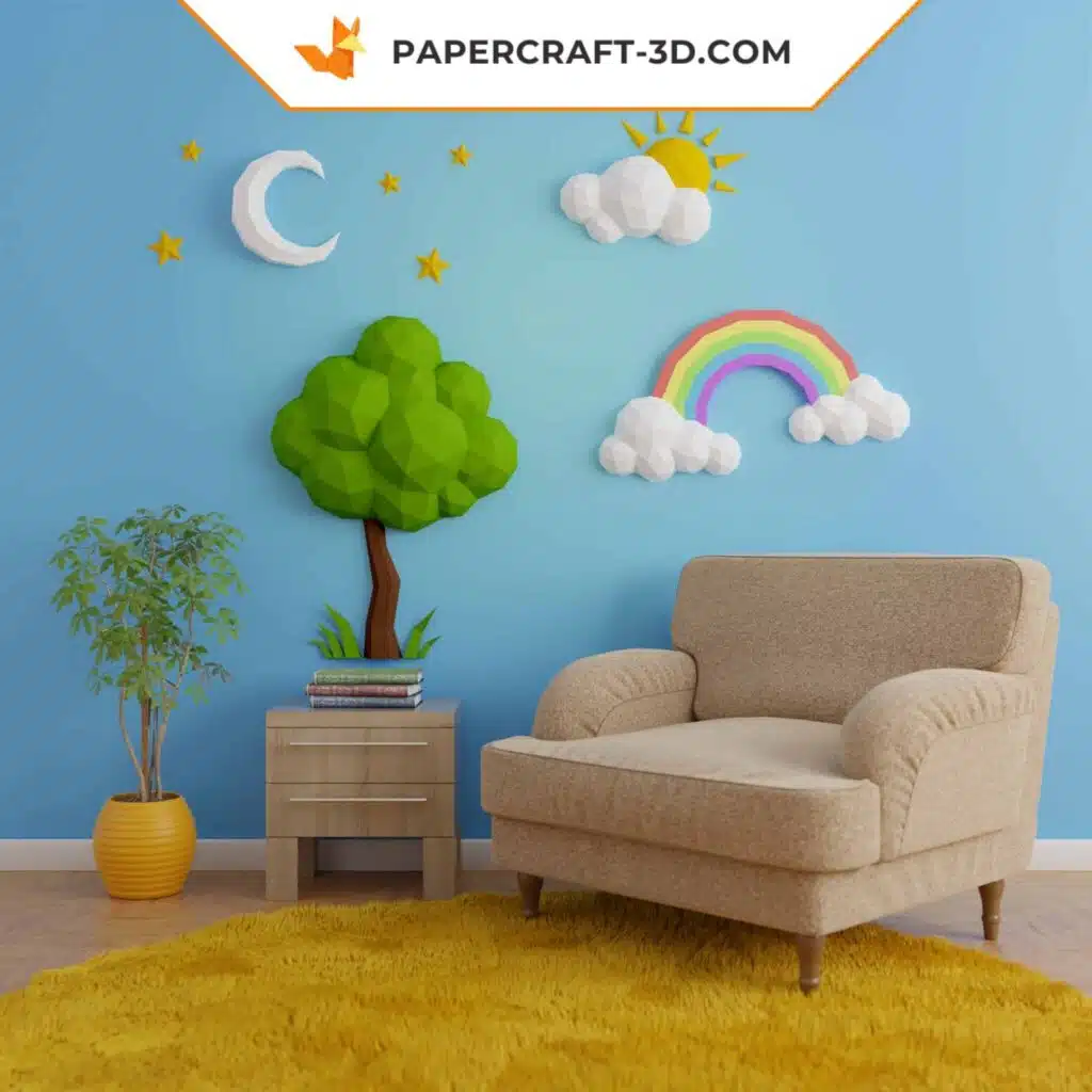 Papercraft de soleil, nuage, arbre, lune et arc en ciel origami 3D