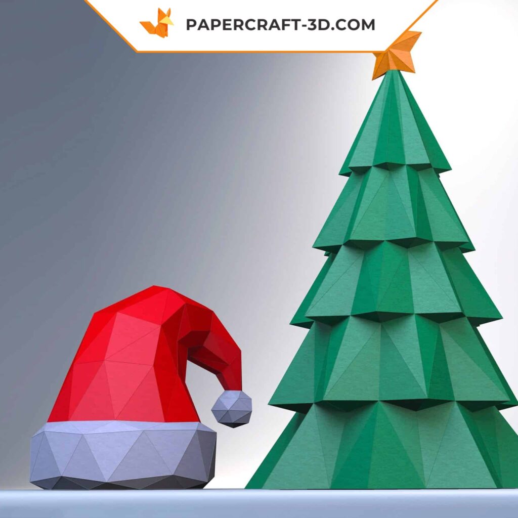 Papercraft arbre de Noël et chapeau en origami 3D