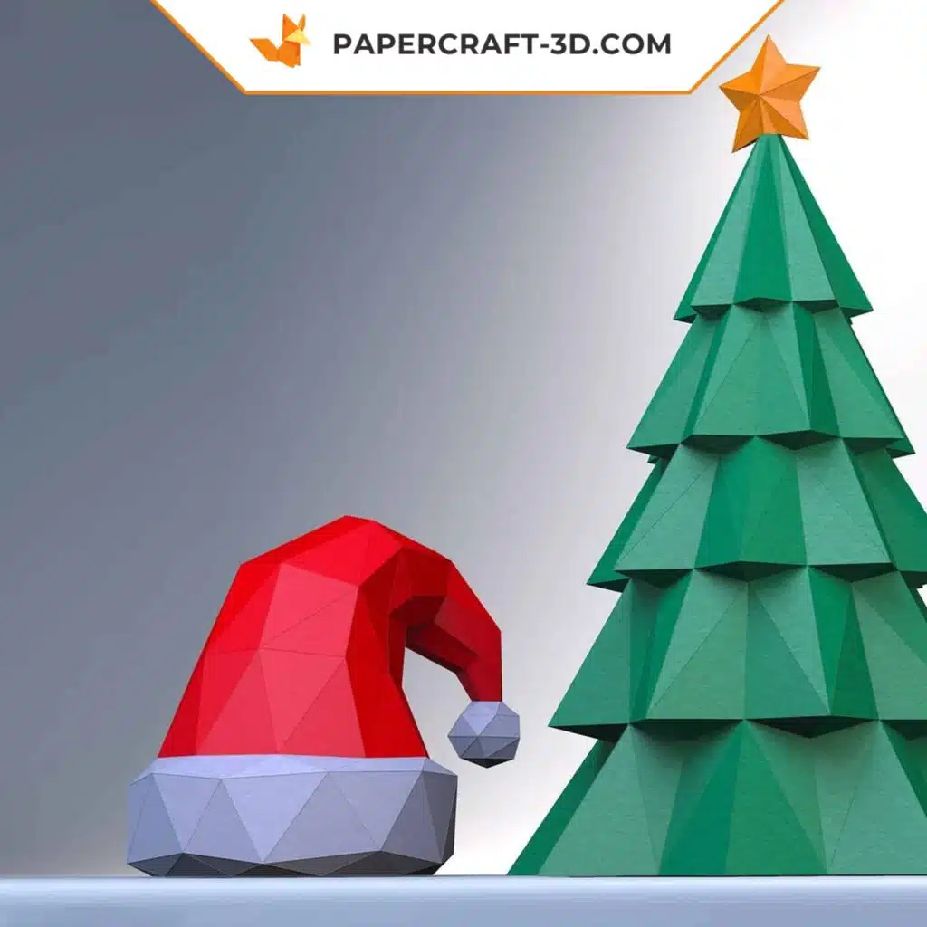 3D Origami Papercraft Christmas Tree and Festive Hat