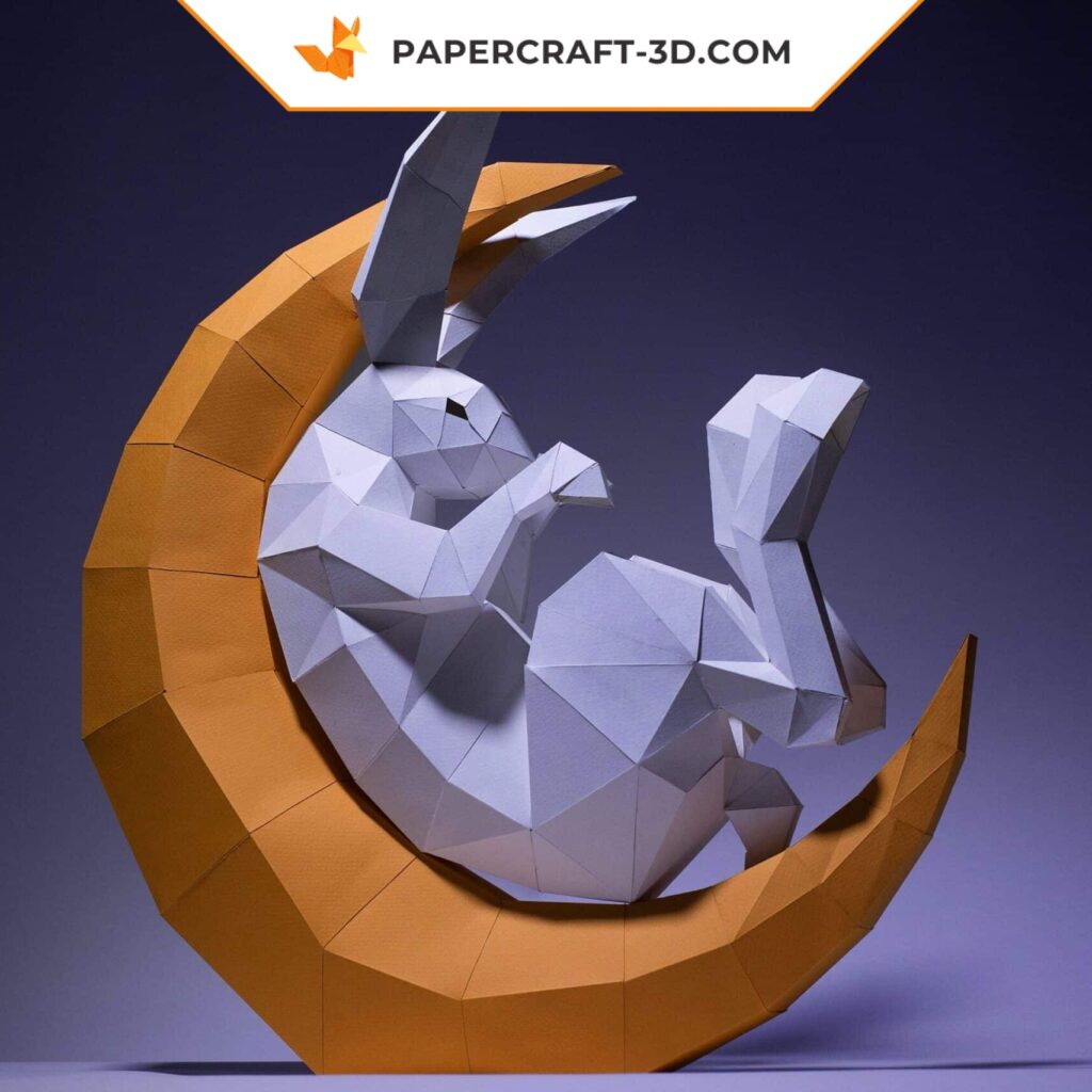 Papercraft lapin dans un croissant de lune en origami