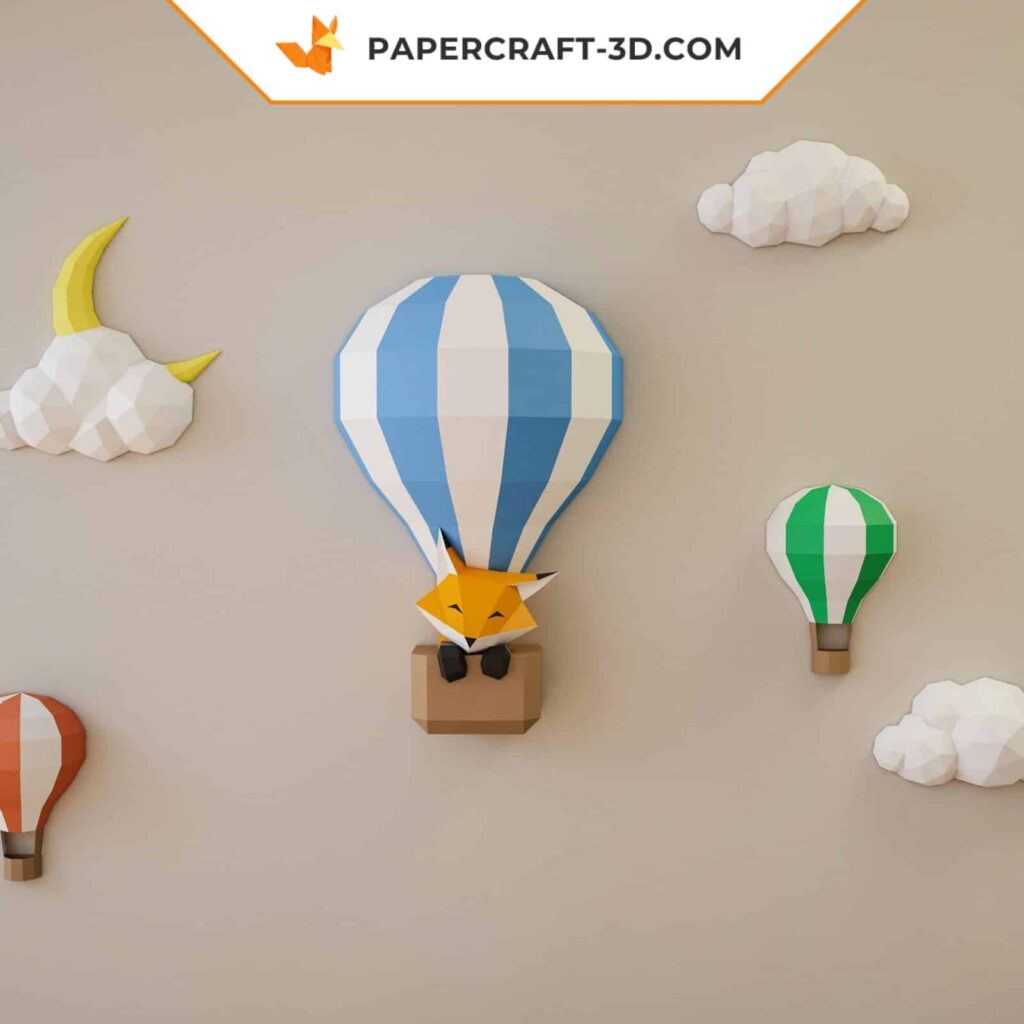 Papercraft balloons and clouds in a sky in 3D origami