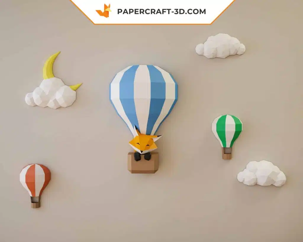 Papercraft ballons et nuages dans un ciel en origami 3D