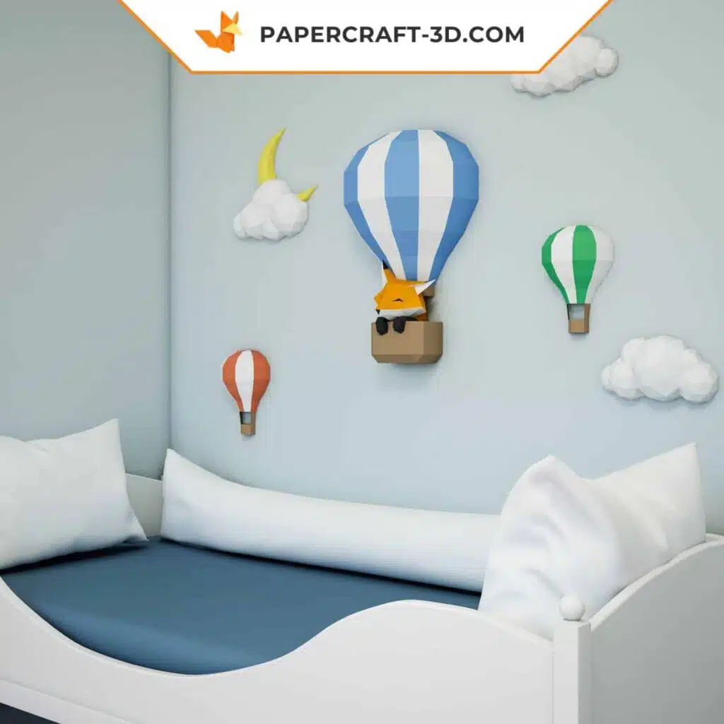 Papercraft Ballons et Nuages, panorama de ciel en origami papier 3D pour enfants