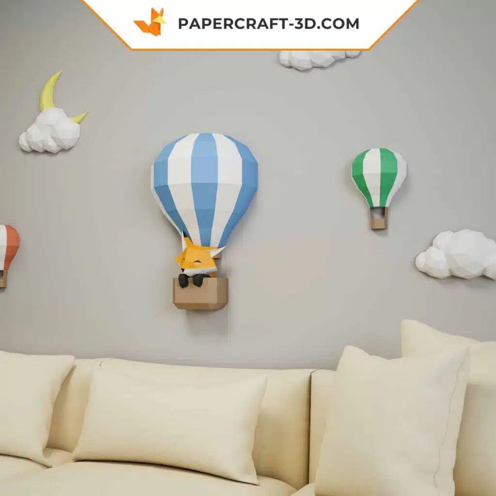 Papercraft Ballons et Nuages, panorama de ciel en origami papier 3D pour enfants