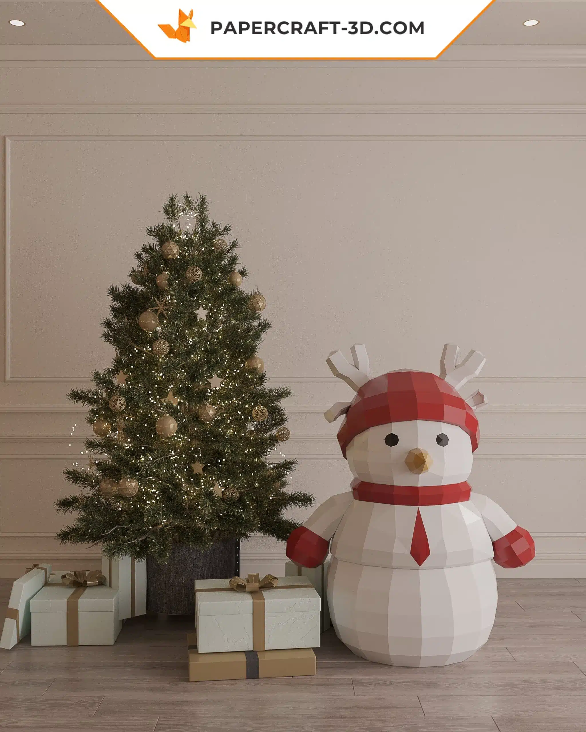 Papercraft Bonhomme de neige de Noël en origami papier 3D, vue 6