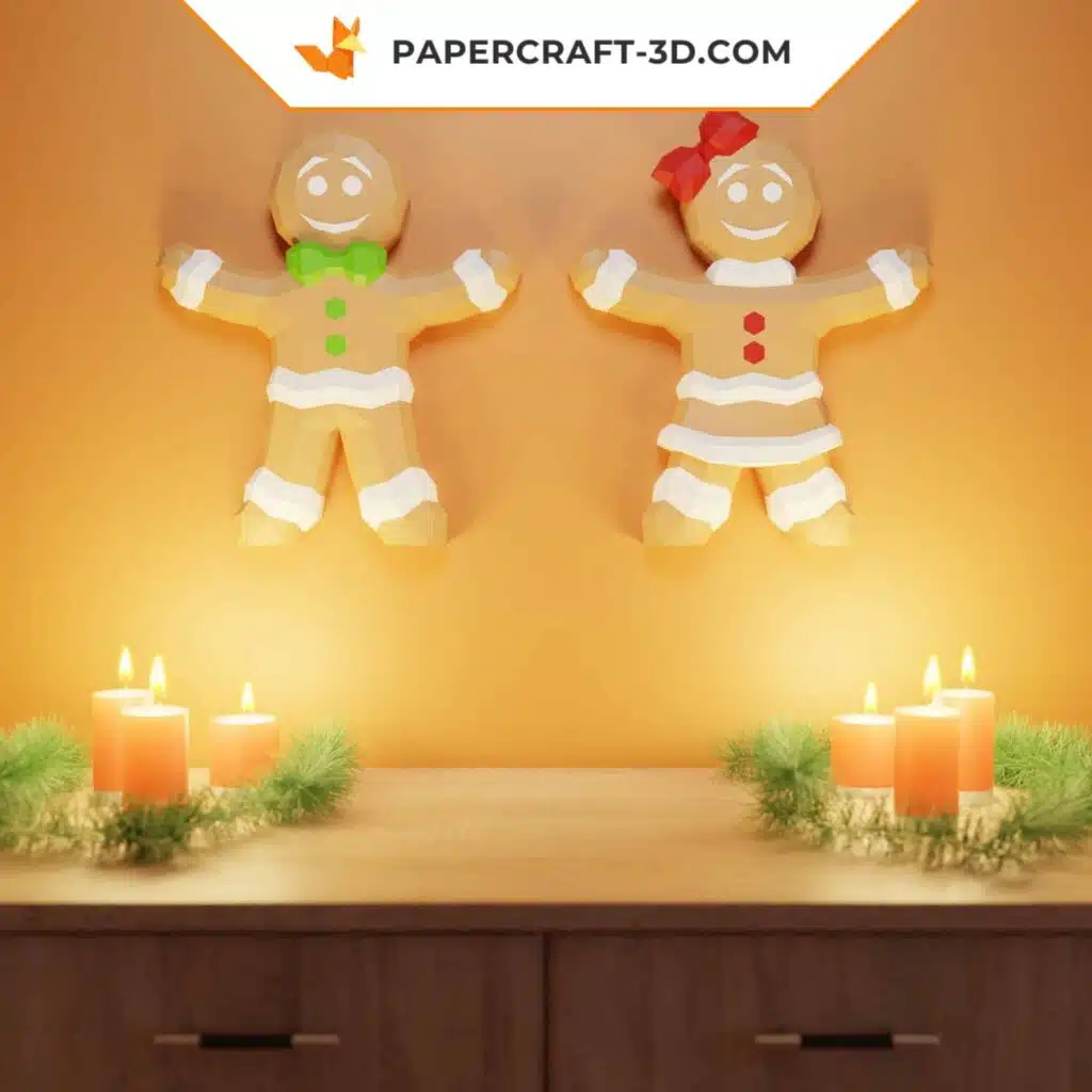 Papercraft Bonhomme et Femme en Pain d&rsquo;Épice origami papier 3D pour décoration de Noël, vue 2