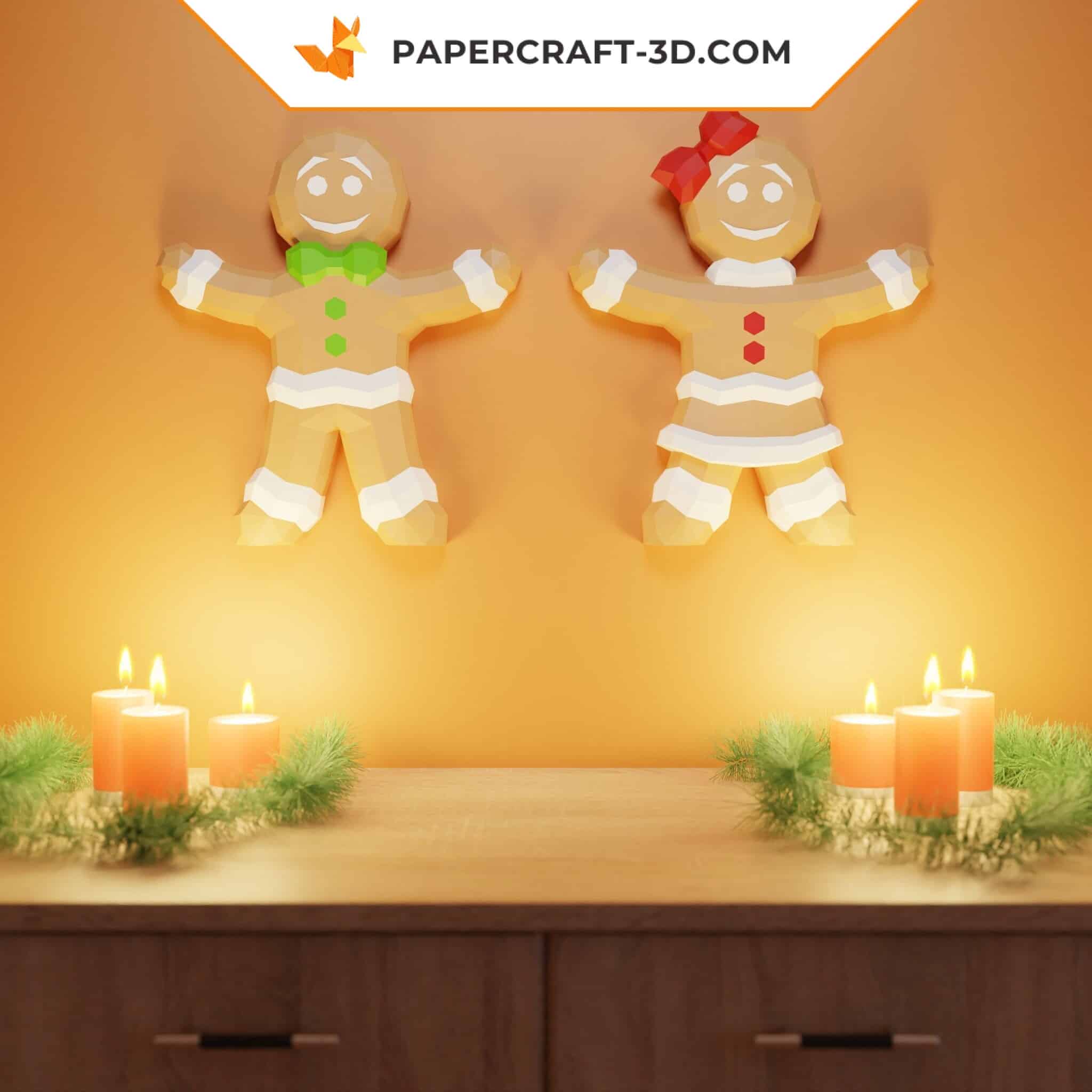 Papercraft gingerbread man and woman in 3D origami