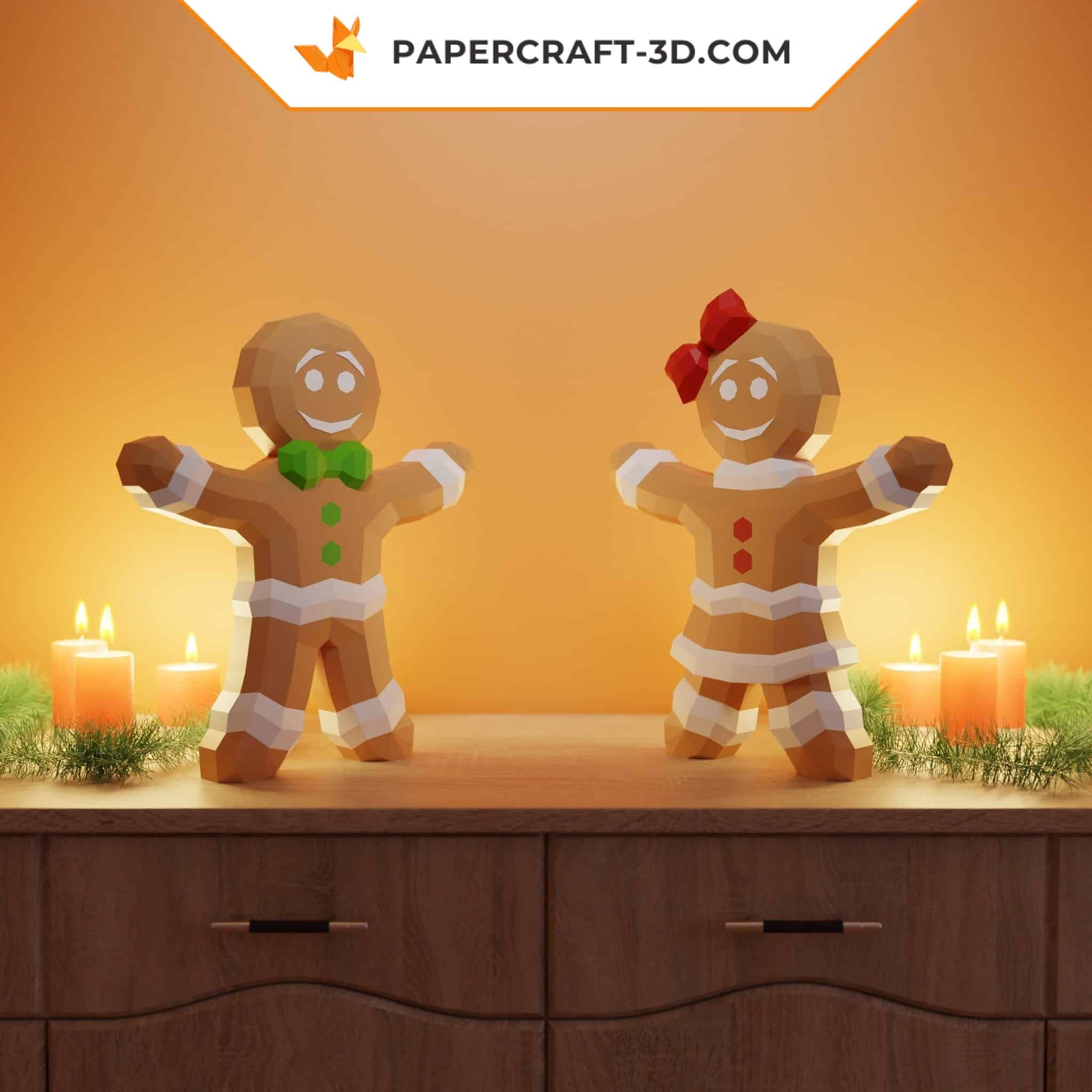 Papercraft gingerbread man and woman in 3D origami