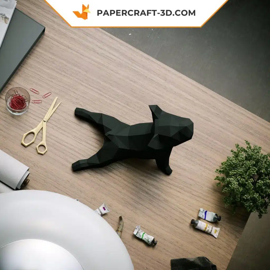 Papercraft de Buldogue Francês em yoga em origami 3D