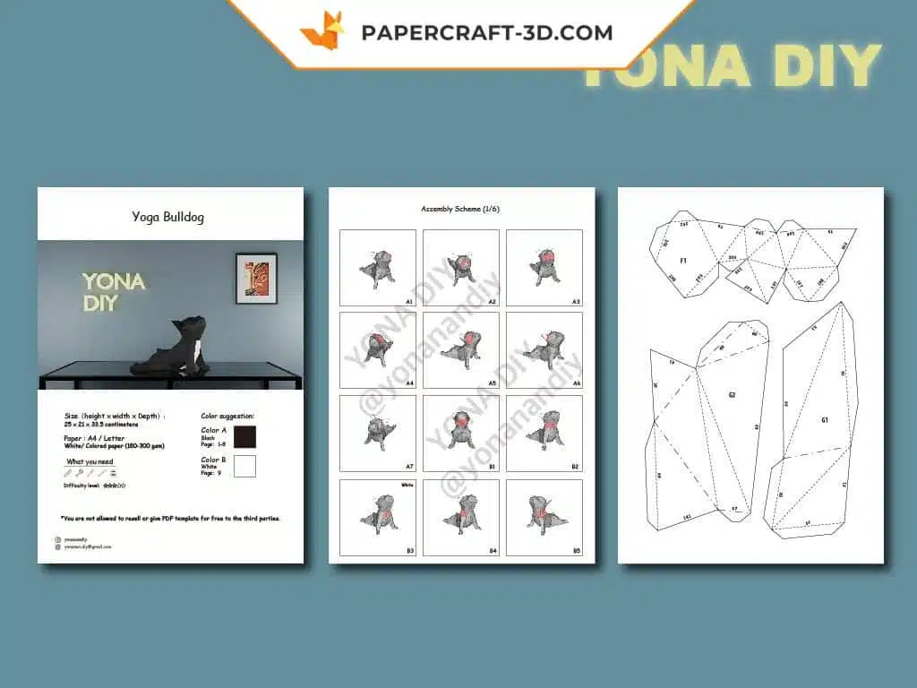 Papercraft Bouledogue Français de Yoga en origami papier 3D, weergave 6
