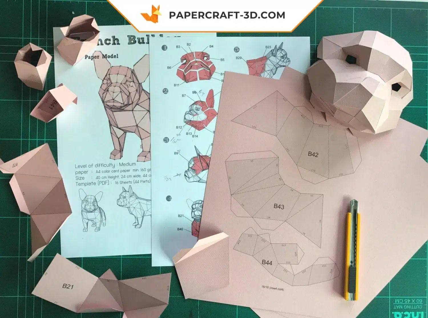 Papercraft Bouledogue français en origami papier 3D, weergave 4