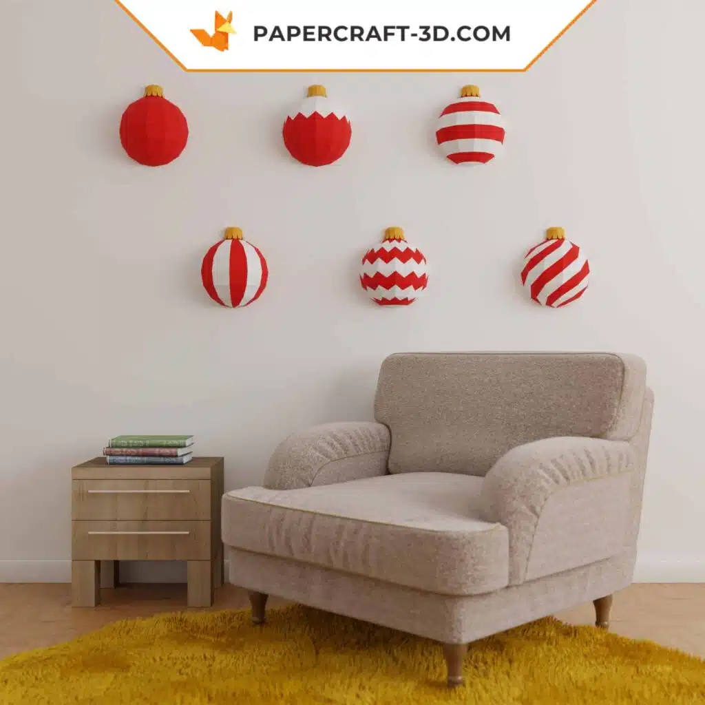 Papercraft Boules de Noël en origami papier 3D DIY pour décoration murale de fête, vue 2