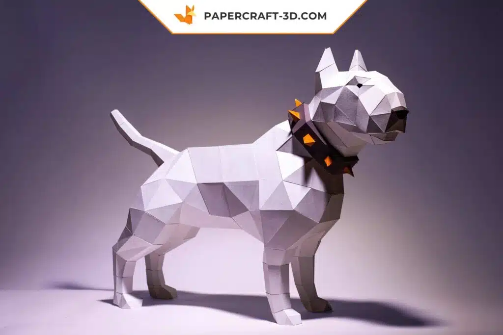 Papercraft bull terrier blanc à collier en origami 3D