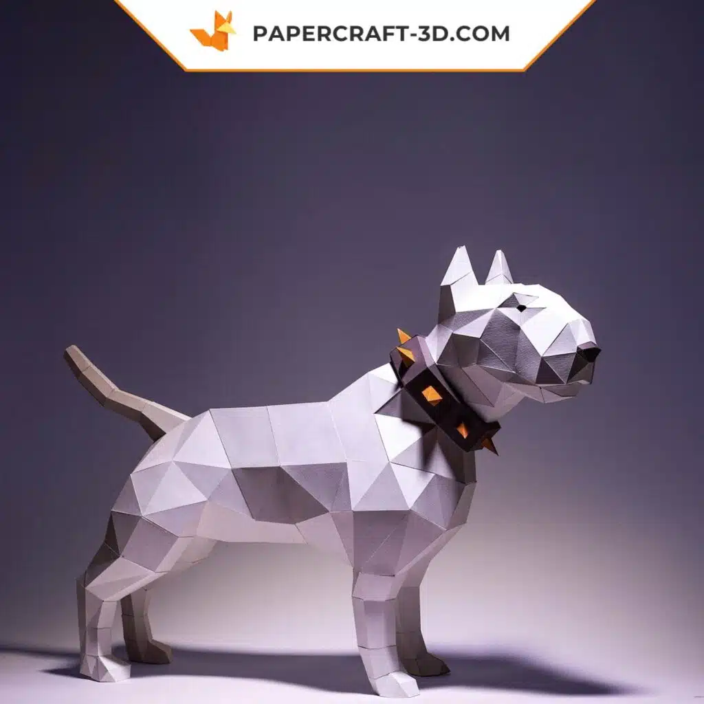 Papercraft Bull Terrier blanco con collar en origami