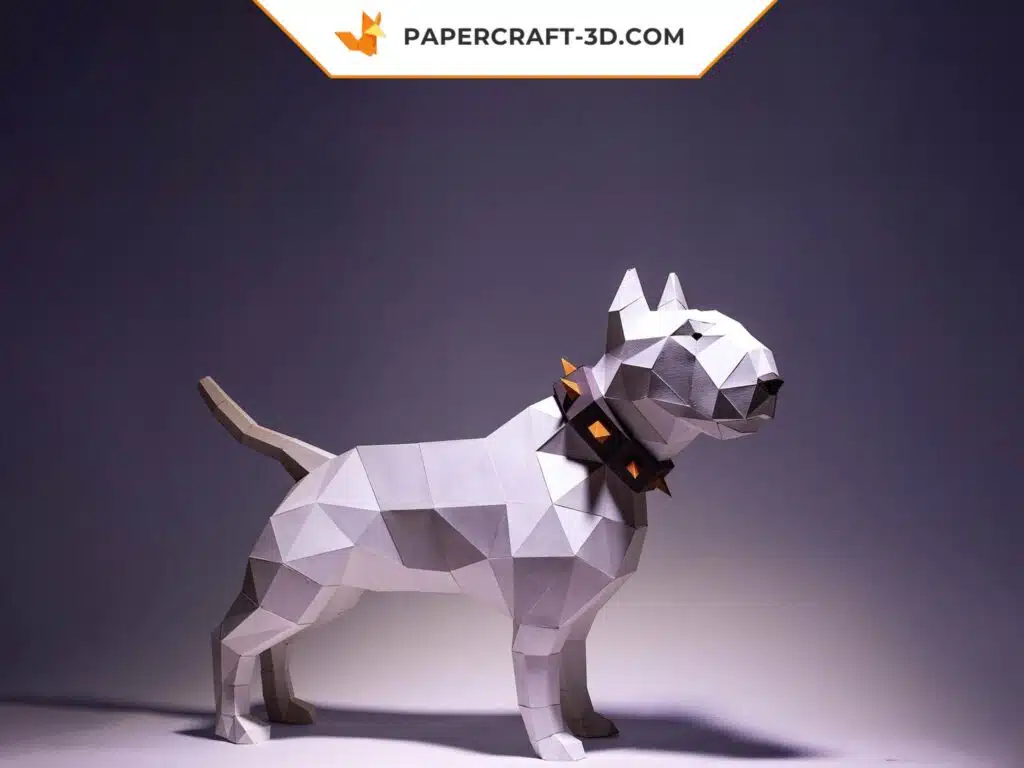 Papercraft bull terrier blanc à collier en origami 3D