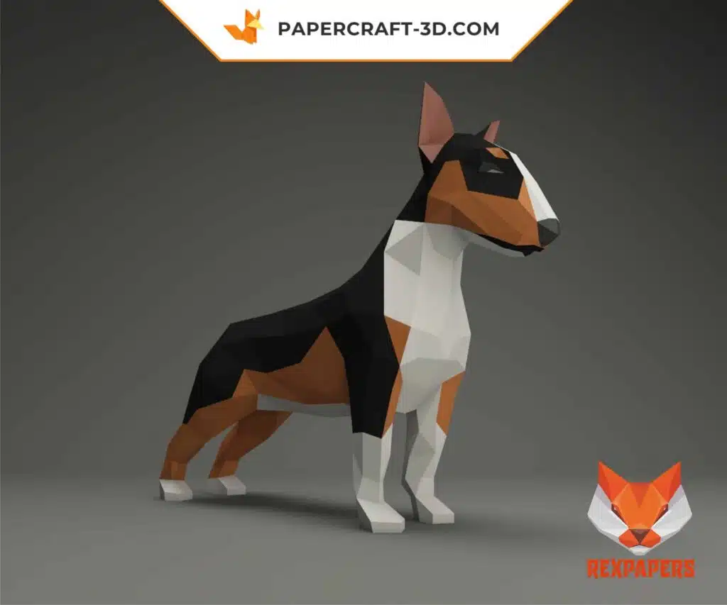Papercraft Bull Terrier en origami papier 3D, weergave 2