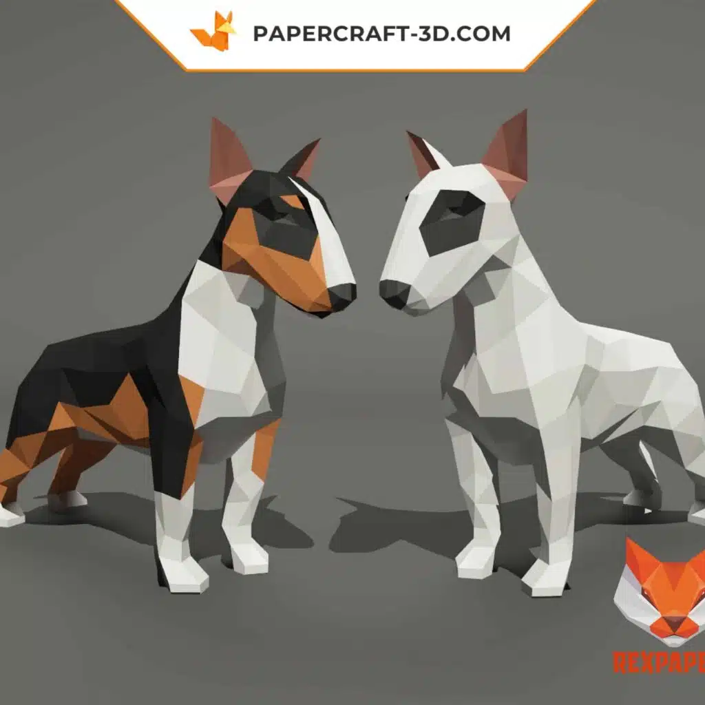 Buntes Bull-Terrier-Duo als 3D-Origami-Papercraft