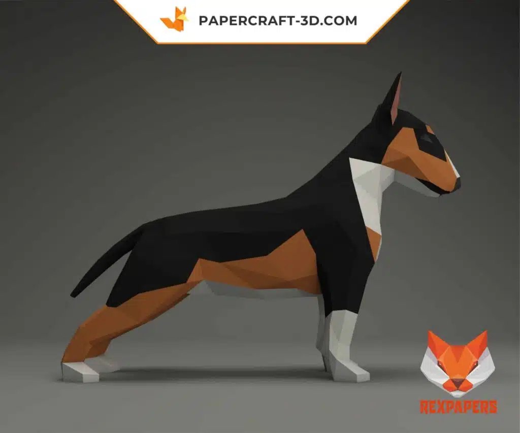 Papercraft Bull Terrier en origami papier 3D, weergave 3