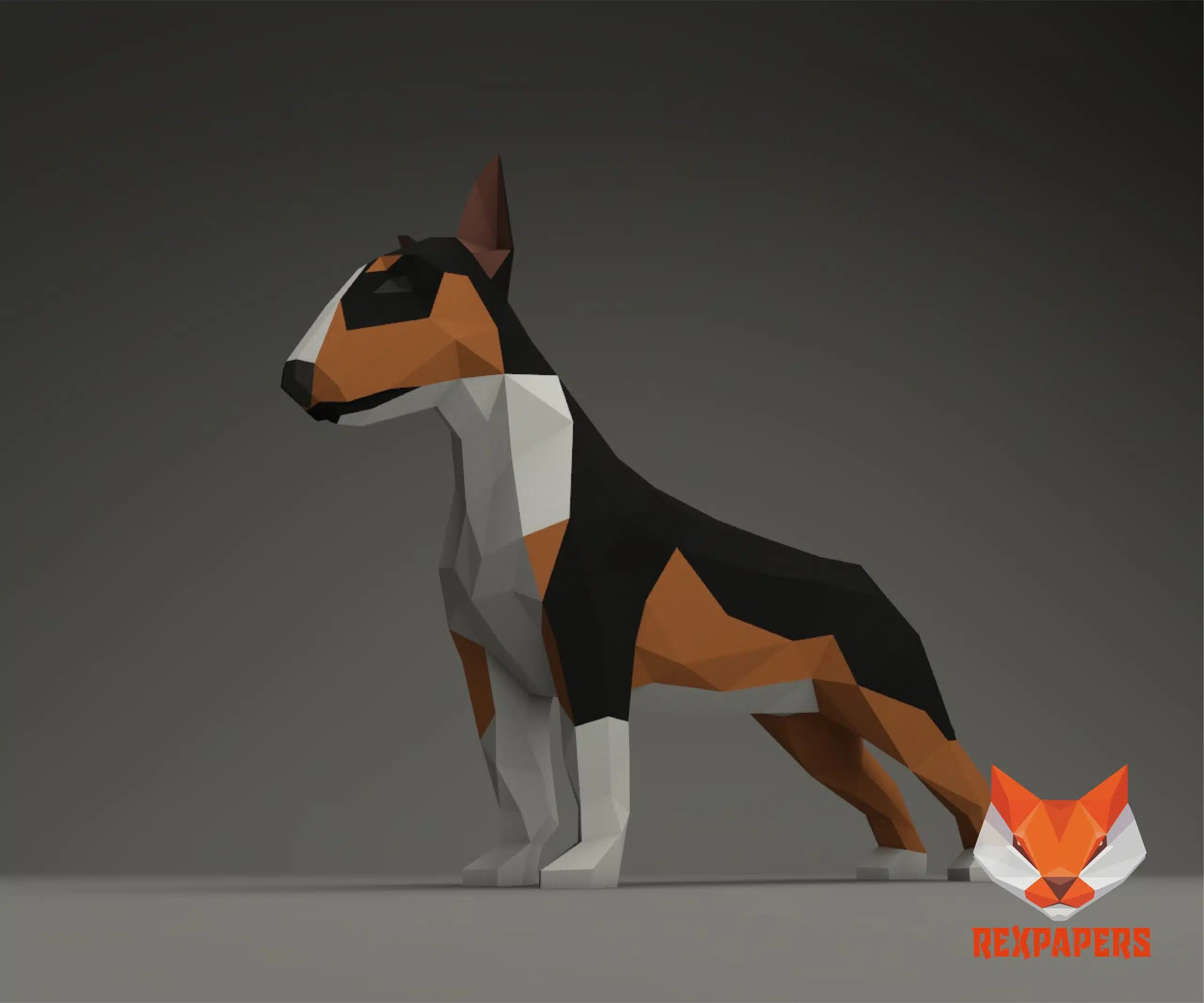Papercraft Bull Terrier en origami papier 3D, weergave 4