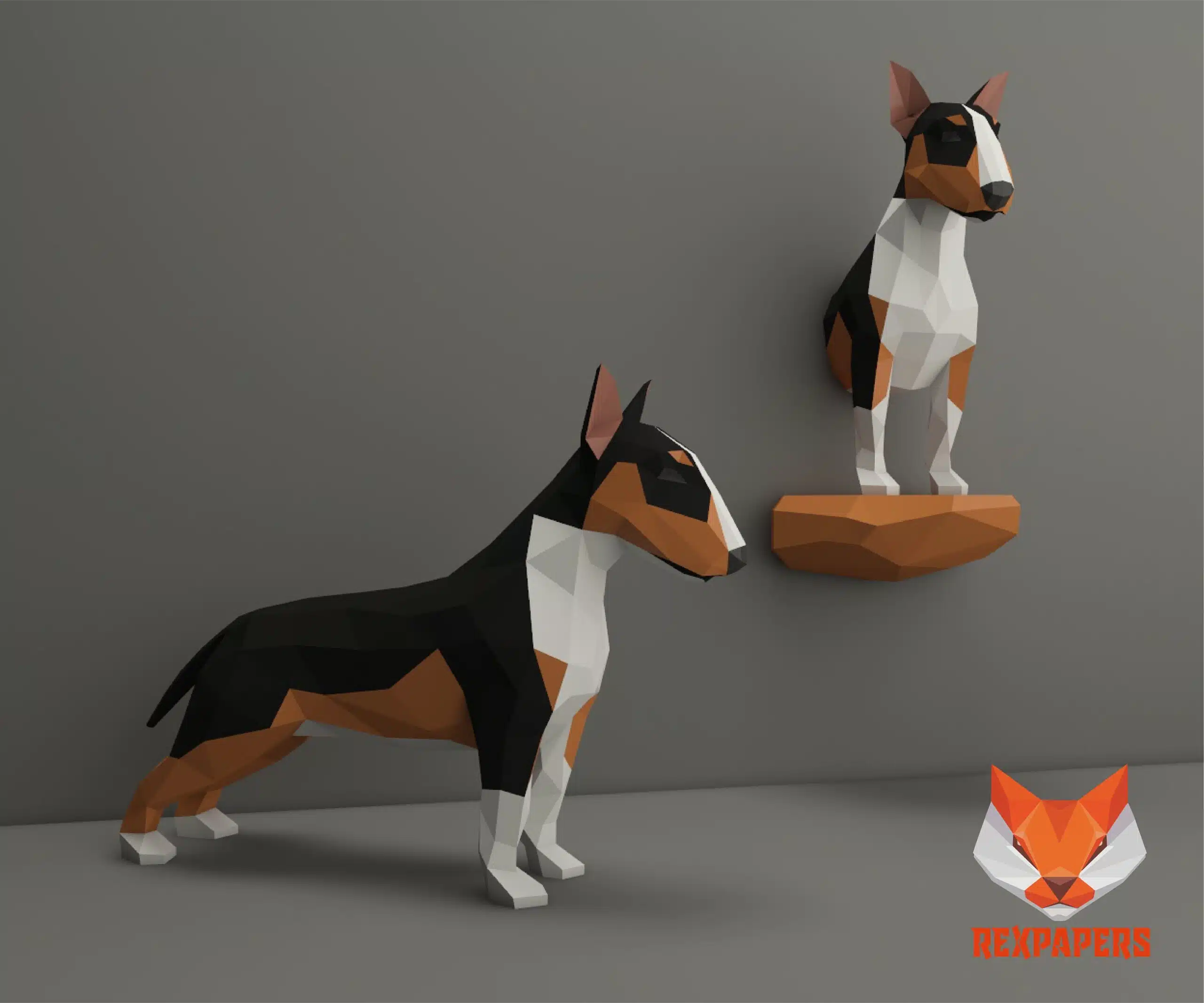 Papercraft Bull Terrier en origami papier 3D, weergave 6