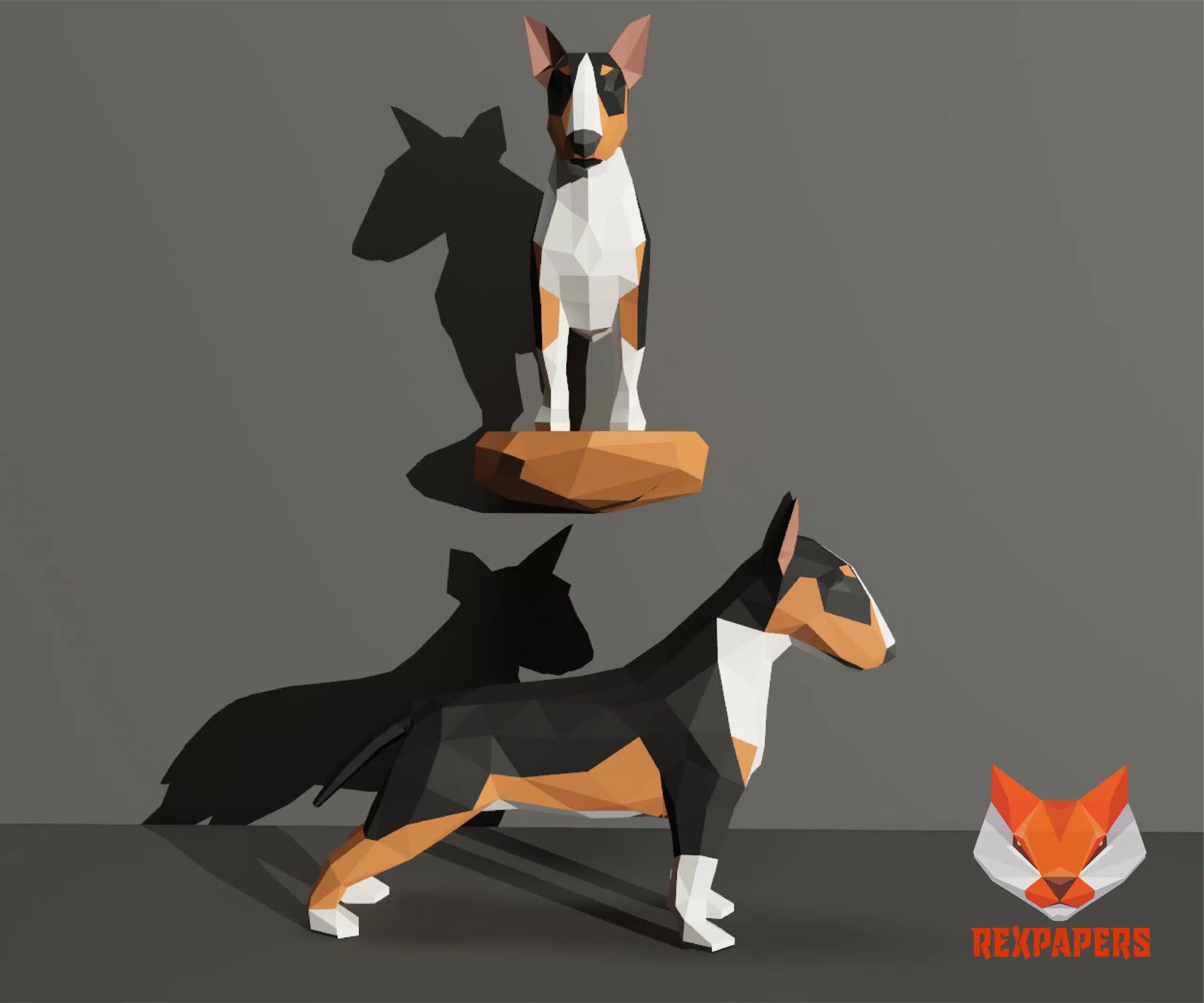 Papercraft Bull Terrier en origami papier 3D, weergave 7