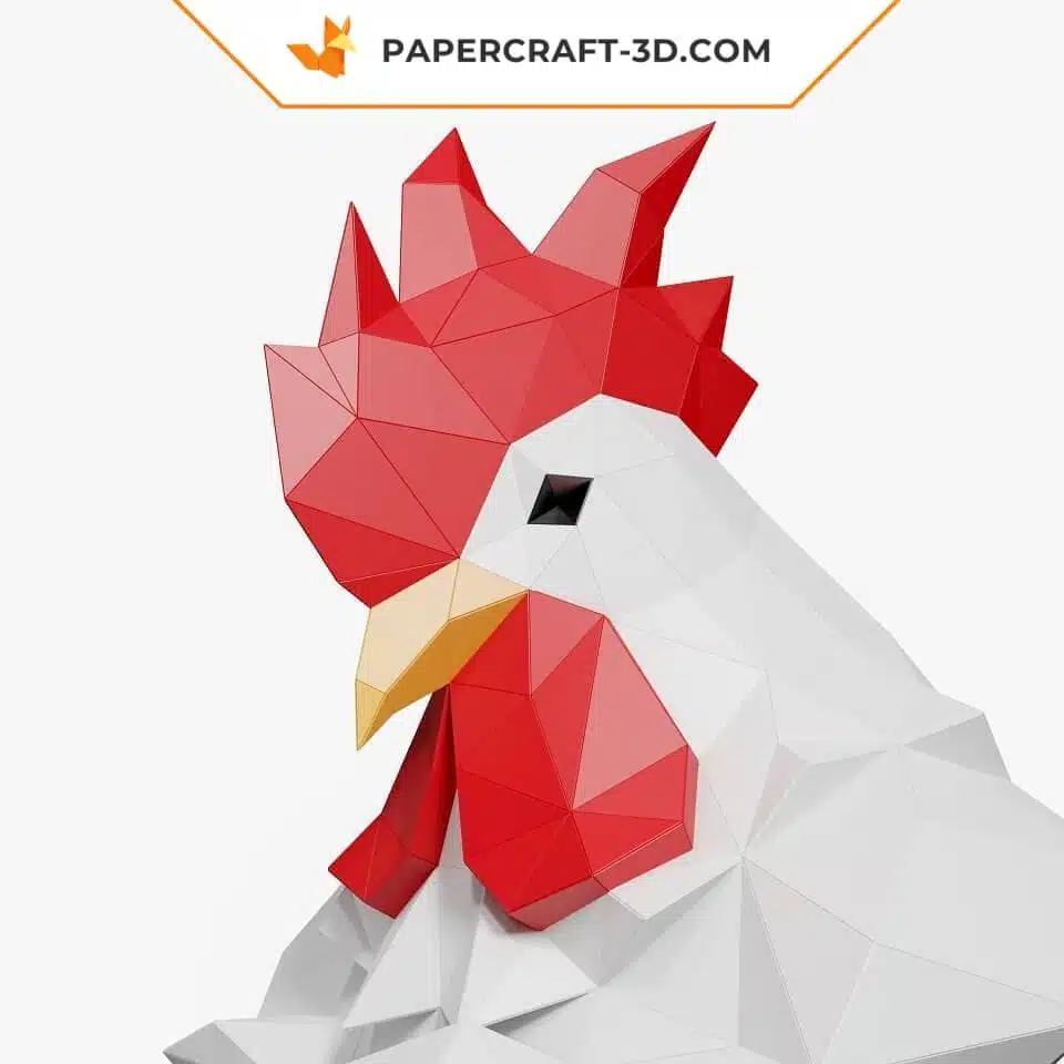 Papercraft buste de coq origami papier 3D, weergave 4