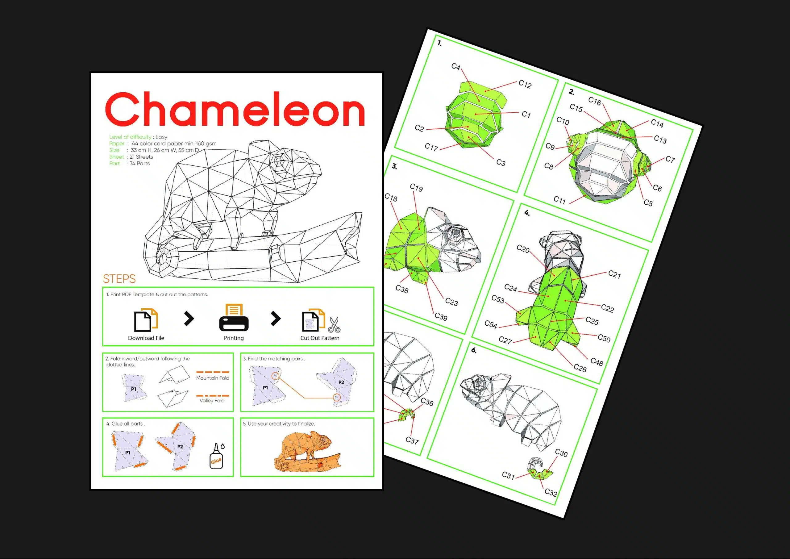 Papercraft Caméléon en papier origami 3D, modèle à télécharger en PDF, weergave 6