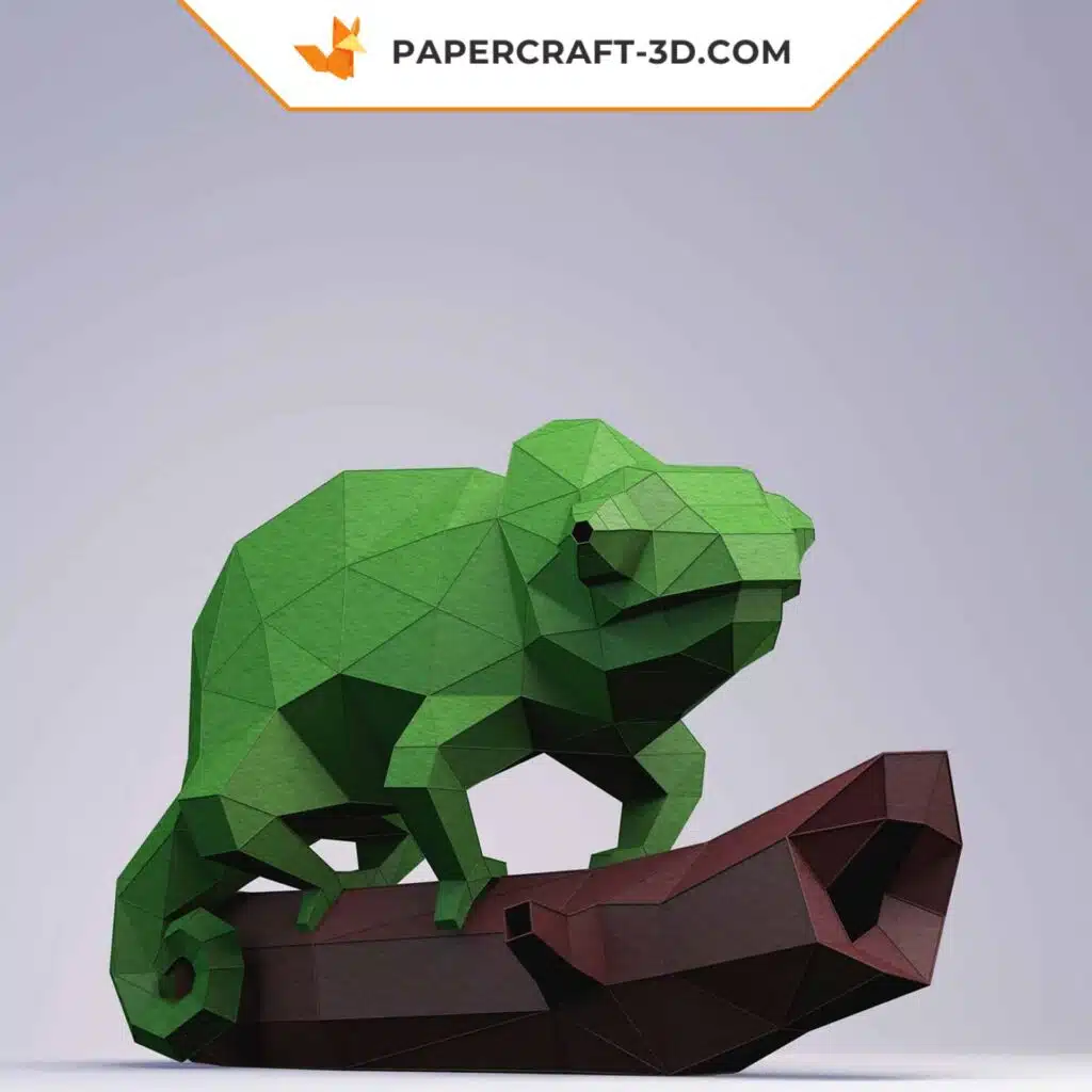 3D-Origami-Papercraft Chamäleon auf einem Ast