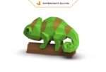 Papercraft chameleon on branch in 3D origami