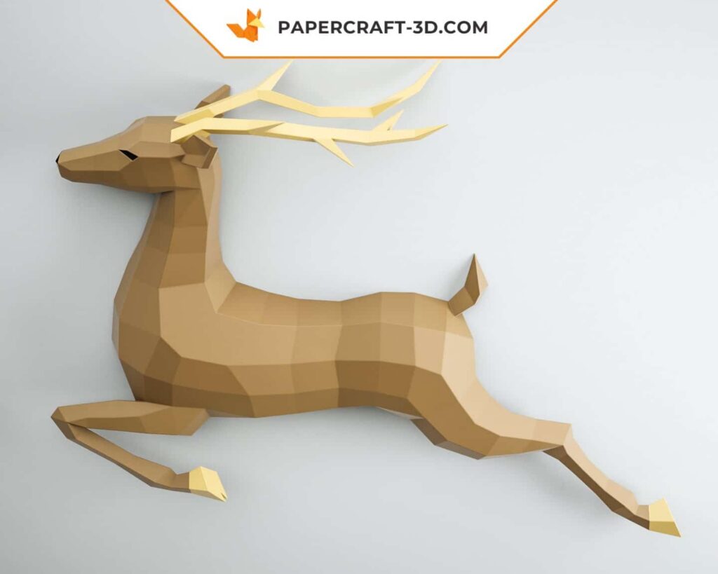 Papercraft de cervo mural em origami 3D