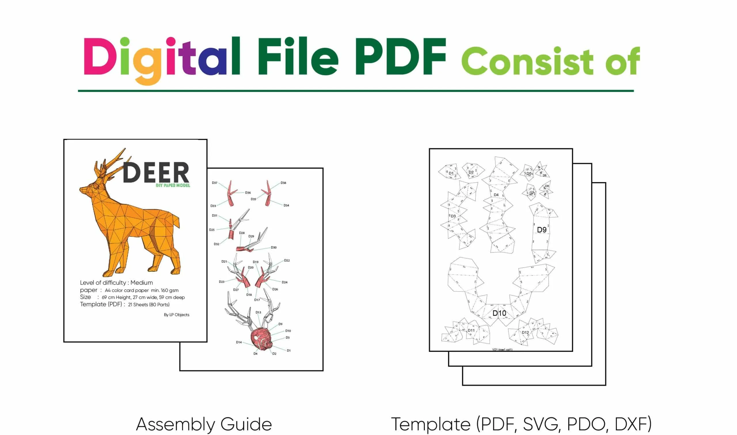 Papercraft cerf origami papier 3D modèle numérique téléchargement DIY, weergave 4